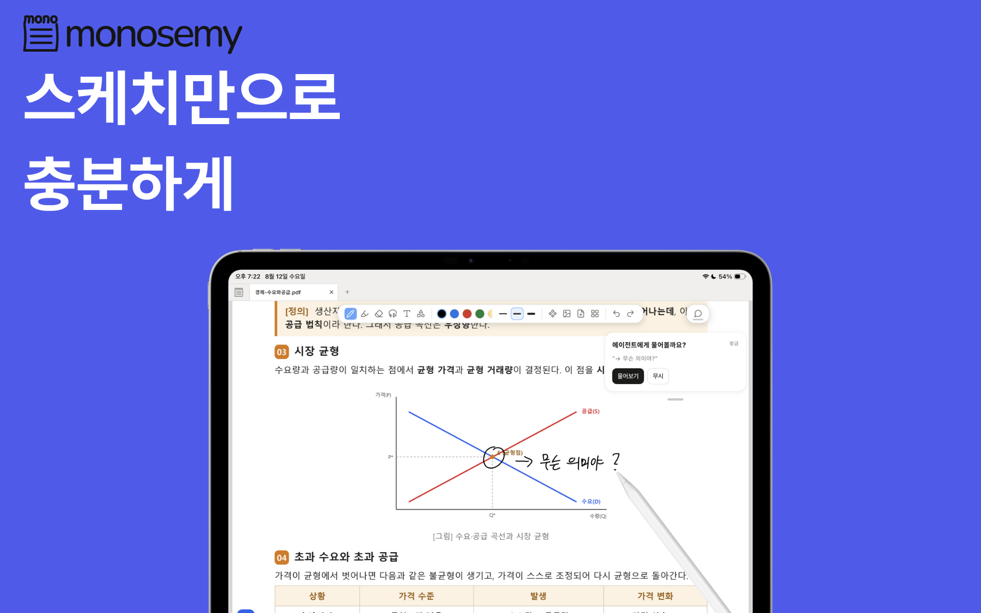 궁금한 부분의 의미를 손글씨로 바로 묻는 모노세미 화면