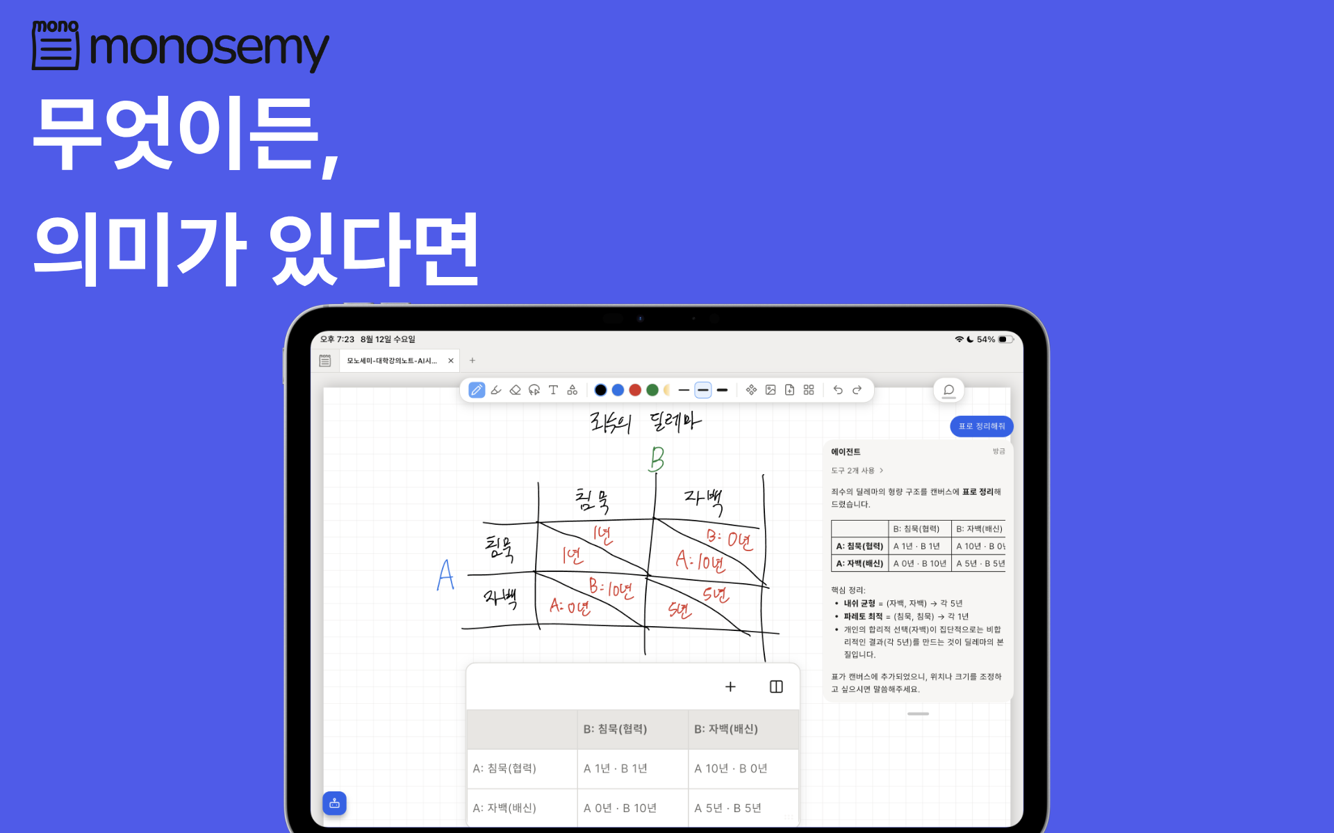 손으로 그린 구조를 편집 가능한 표로 정리하는 모노세미 화면