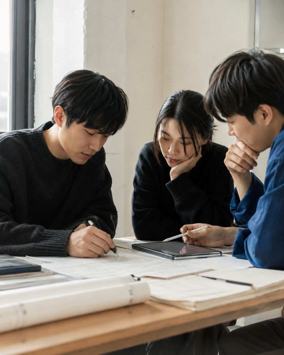 태블릿과 종이 자료를 함께 살펴보는 세 사람